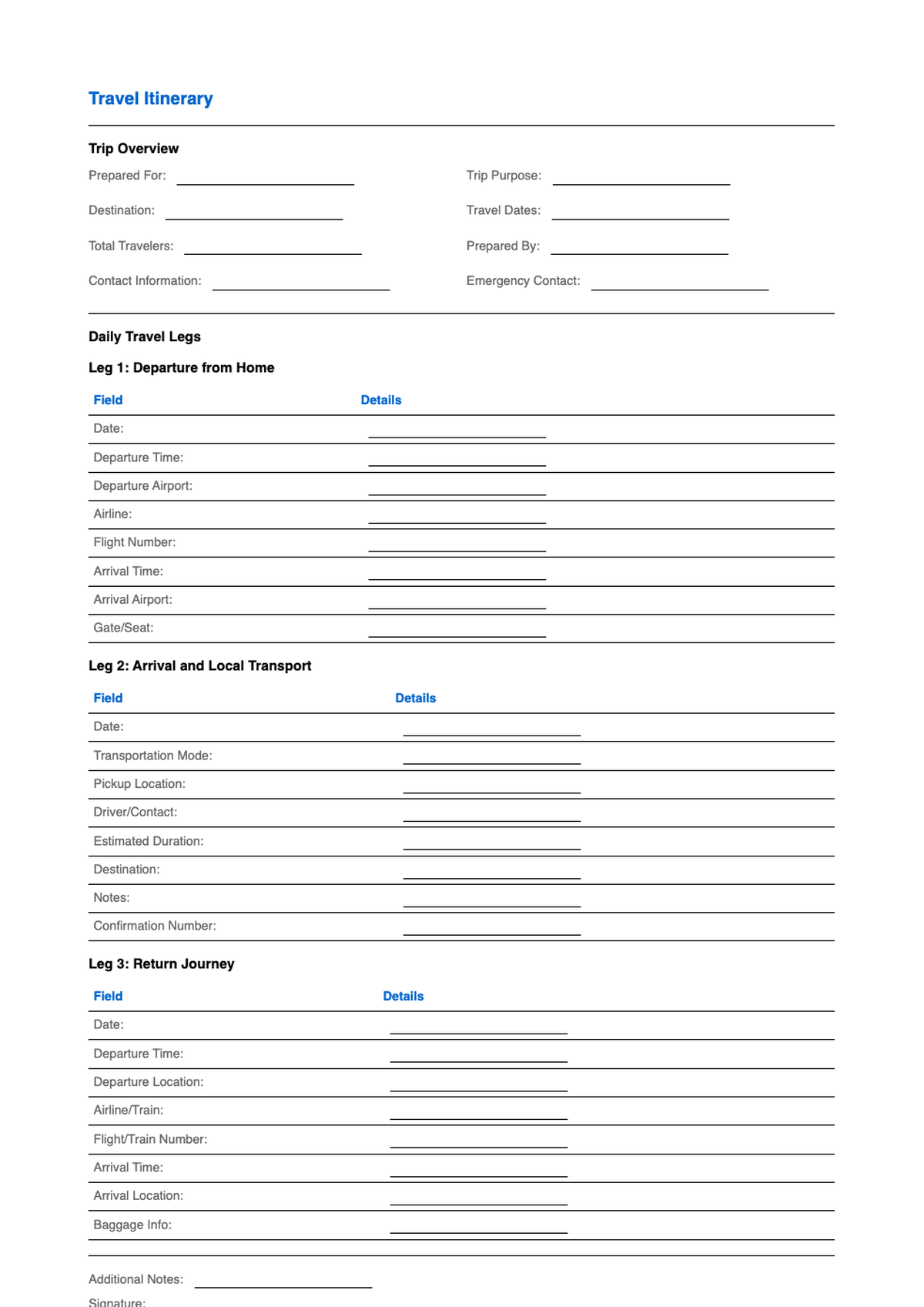 Travel itinerary template with flight hotel event sections and printable format_variant_2